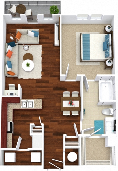 Floor plan for 1 bed, 1 bath, 771 sqft